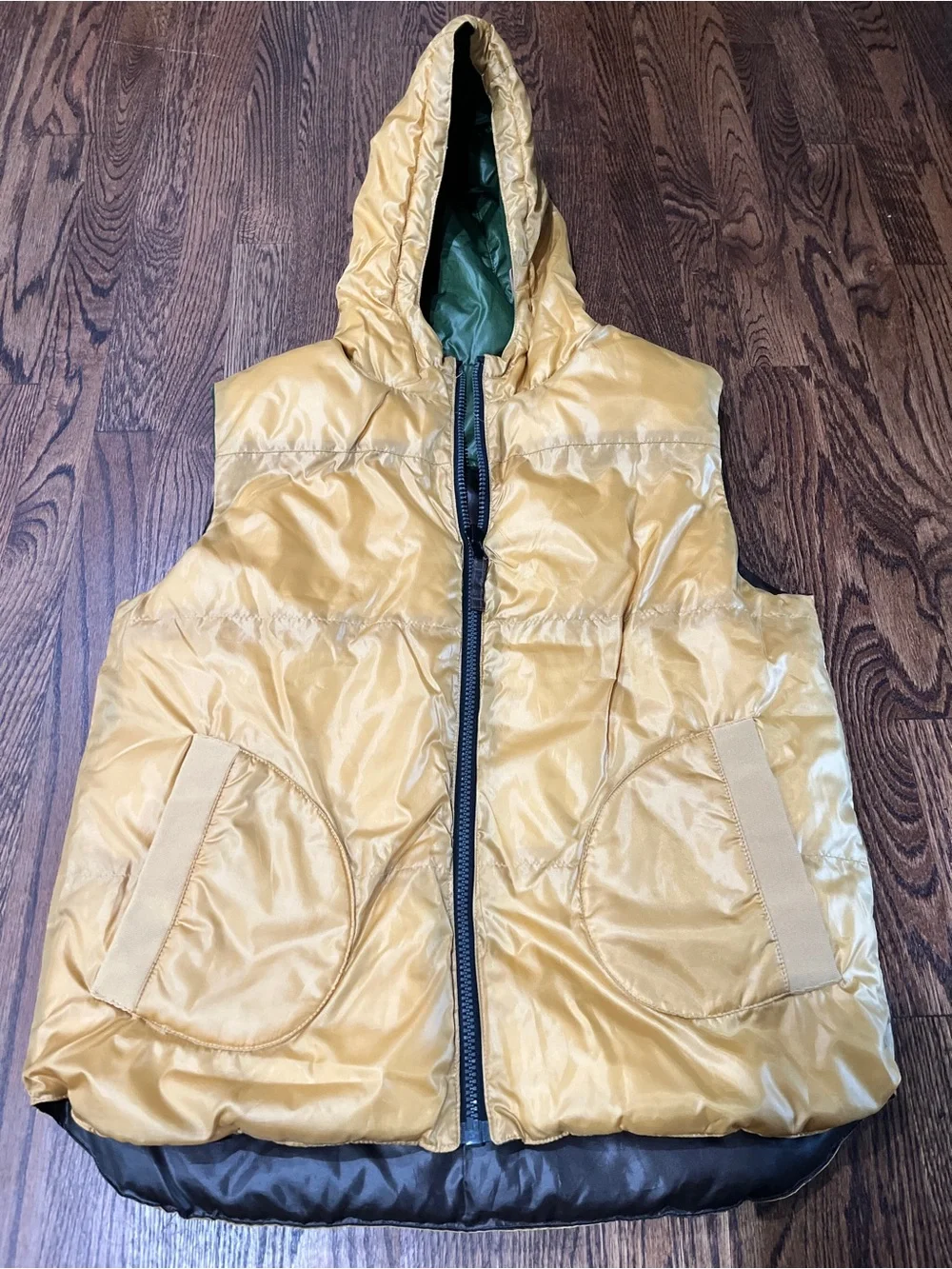 Rocawear Classic Sleeveless Puffer Vest with Hood in Olive, Brown, and Yellow